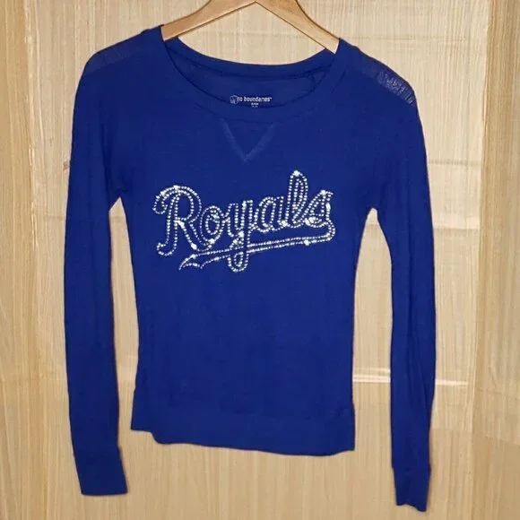 No Boundaries Womens Blue Kansas City Royals Long Sleeve Rhinestone Detail 3 - Picture 1 of 4